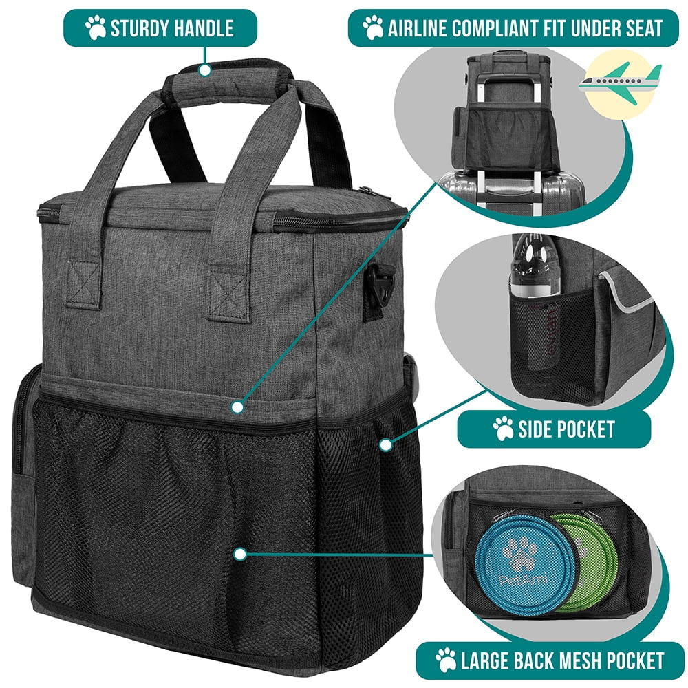 Pet Travel Bundle - Includes 1 Spacious Pet Travel Tote, 2 Food Storage Containers, 2 Collapsible Bowls, 1 Feeding Mat