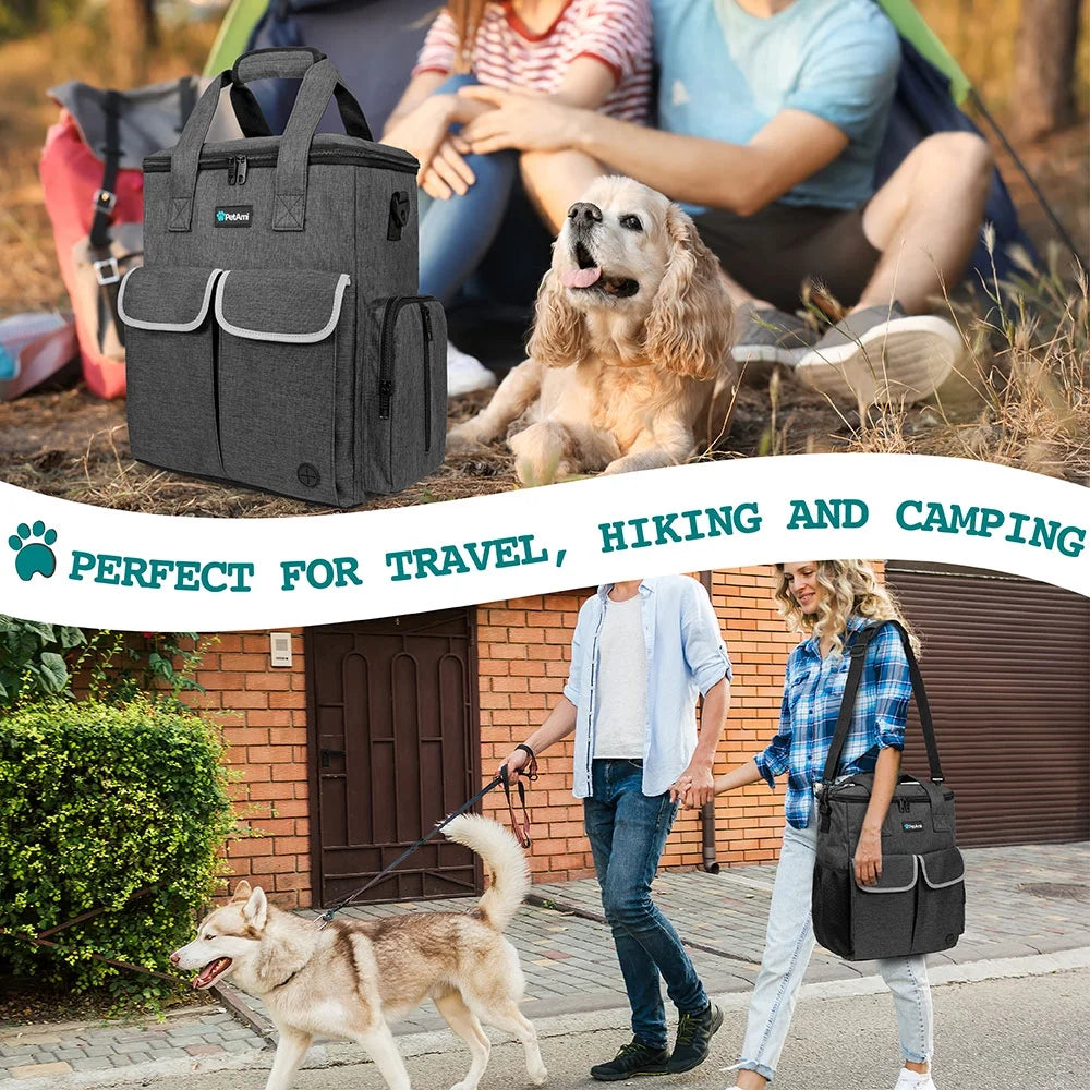 Pet Travel Bundle - Includes 1 Spacious Pet Travel Tote, 2 Food Storage Containers, 2 Collapsible Bowls, 1 Feeding Mat