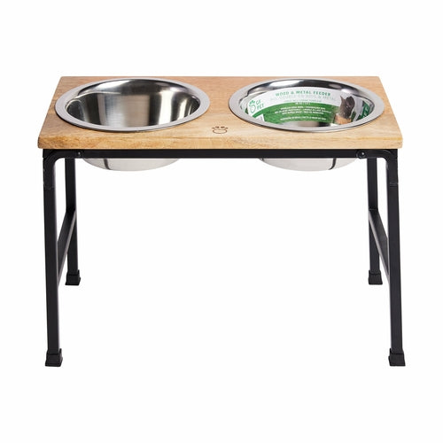 Wood & Metal Elevated Pet Feeder – Mango Wood with Stainless Steel Bowls