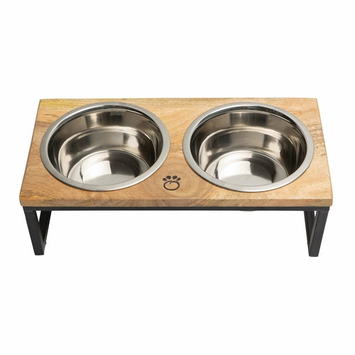 Wood & Metal Elevated Pet Feeder – Mango Wood with Stainless Steel Bowls