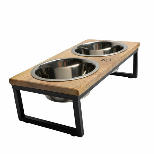 Wood & Metal Elevated Pet Feeder – Mango Wood with Stainless Steel Bowls
