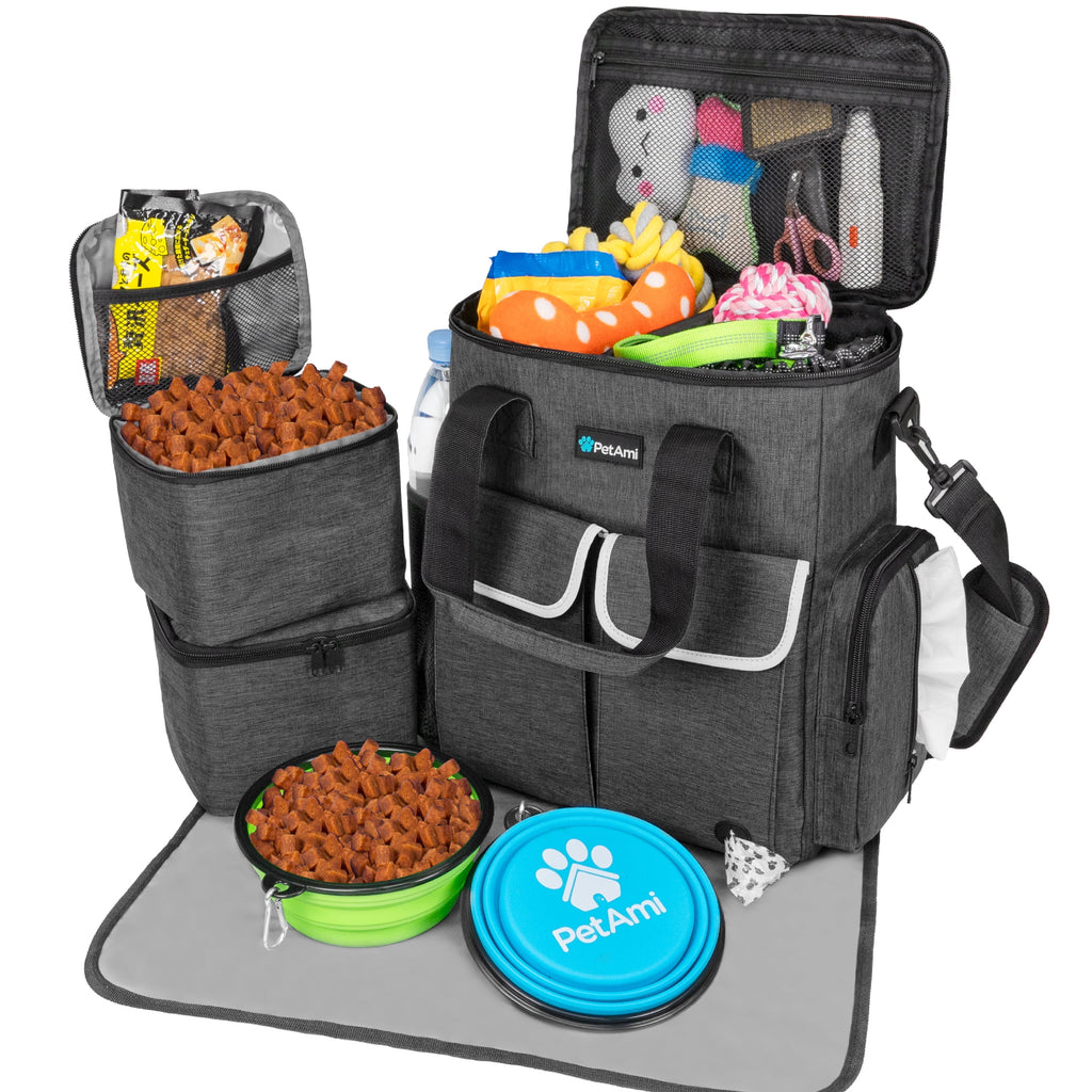Pet Travel Bundle - Includes 1 Spacious Pet Travel Tote, 2 Food Storage Containers, 2 Collapsible Bowls, 1 Feeding Mat