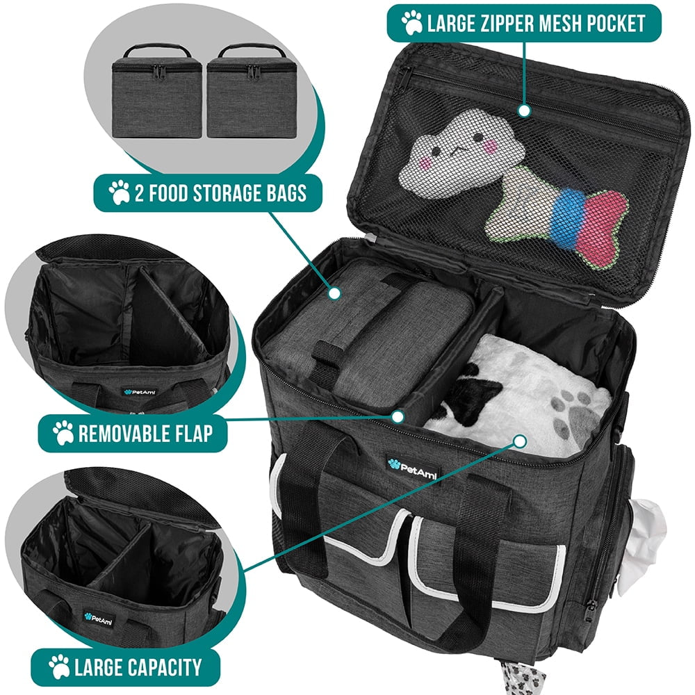 Pet Travel Bundle - Includes 1 Spacious Pet Travel Tote, 2 Food Storage Containers, 2 Collapsible Bowls, 1 Feeding Mat