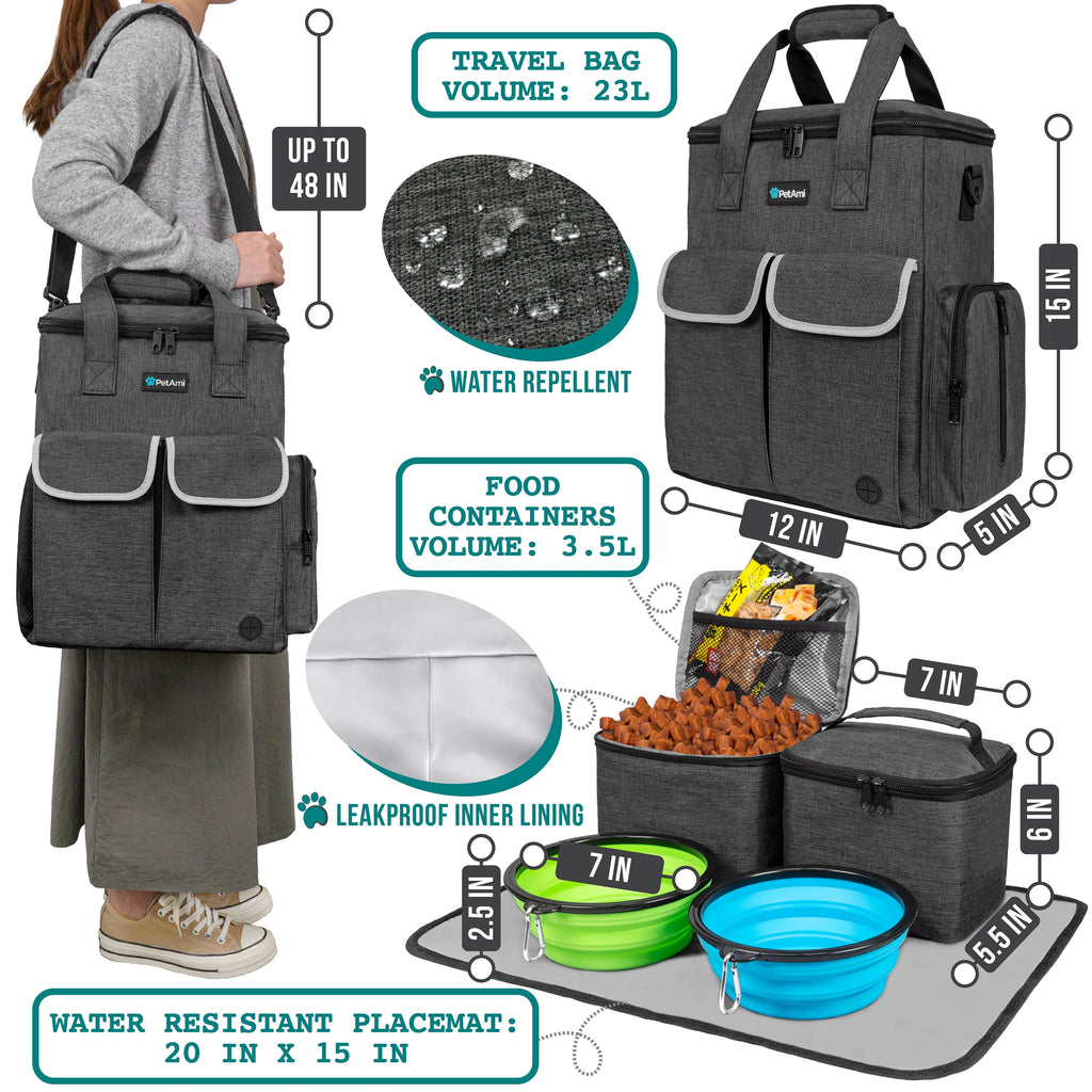 Pet Travel Bundle - Includes 1 Spacious Pet Travel Tote, 2 Food Storage Containers, 2 Collapsible Bowls, 1 Feeding Mat